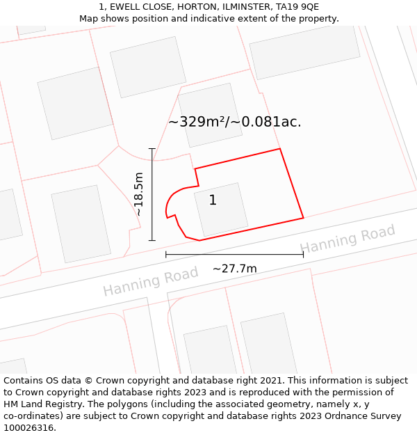 1, EWELL CLOSE, HORTON, ILMINSTER, TA19 9QE: Plot and title map