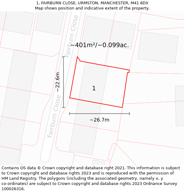 1, FAIRBURN CLOSE, URMSTON, MANCHESTER, M41 8DX: Plot and title map