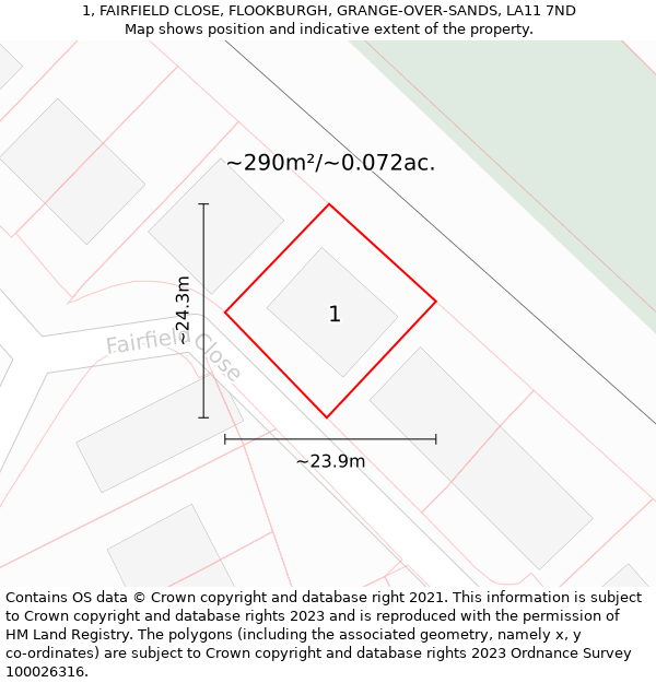 1, FAIRFIELD CLOSE, FLOOKBURGH, GRANGE-OVER-SANDS, LA11 7ND: Plot and title map