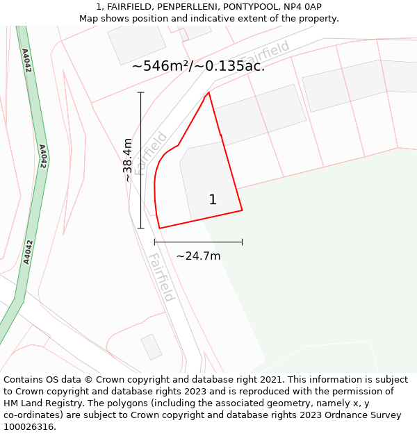 1, FAIRFIELD, PENPERLLENI, PONTYPOOL, NP4 0AP: Plot and title map