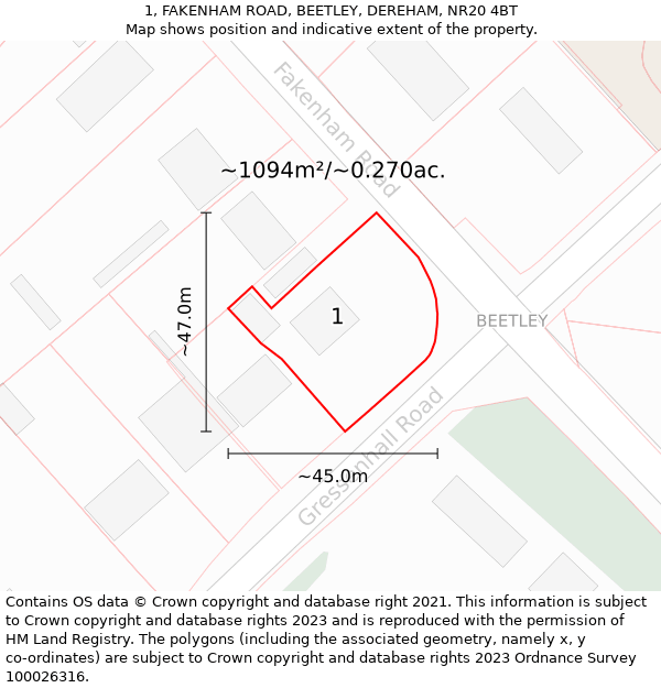 1, FAKENHAM ROAD, BEETLEY, DEREHAM, NR20 4BT: Plot and title map