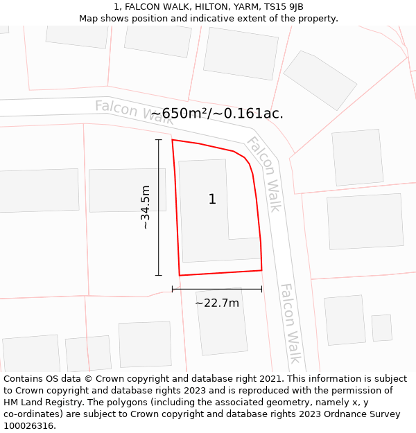 1, FALCON WALK, HILTON, YARM, TS15 9JB: Plot and title map