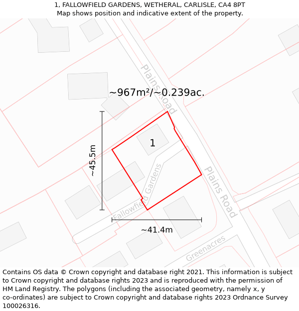 1, FALLOWFIELD GARDENS, WETHERAL, CARLISLE, CA4 8PT: Plot and title map