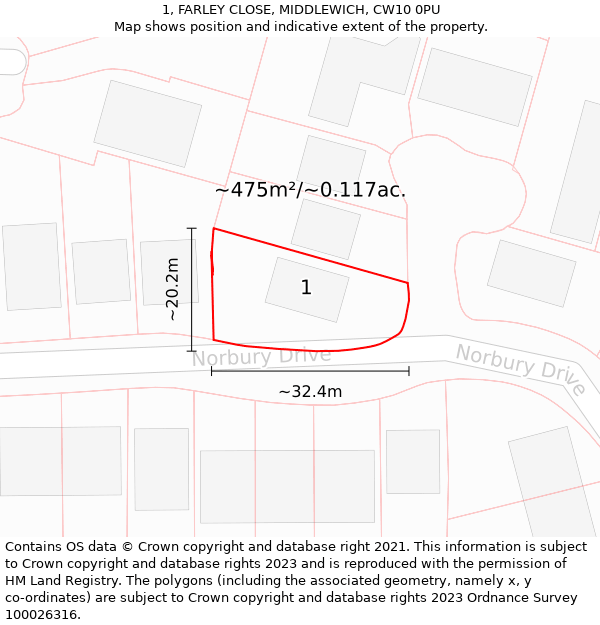 1, FARLEY CLOSE, MIDDLEWICH, CW10 0PU: Plot and title map