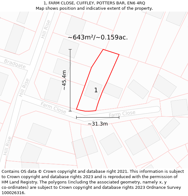 1, FARM CLOSE, CUFFLEY, POTTERS BAR, EN6 4RQ: Plot and title map