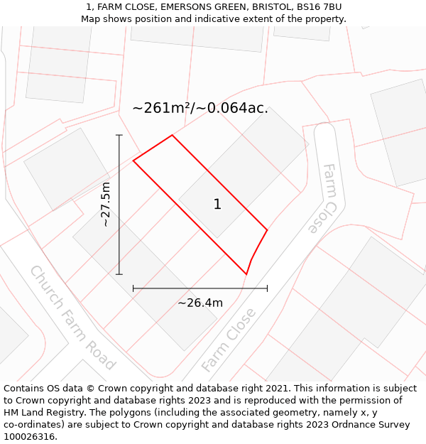 1, FARM CLOSE, EMERSONS GREEN, BRISTOL, BS16 7BU: Plot and title map