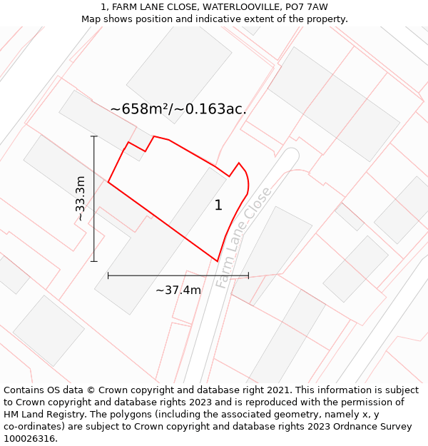 1, FARM LANE CLOSE, WATERLOOVILLE, PO7 7AW: Plot and title map