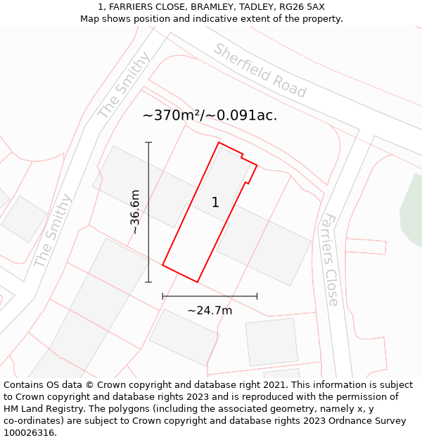 1, FARRIERS CLOSE, BRAMLEY, TADLEY, RG26 5AX: Plot and title map