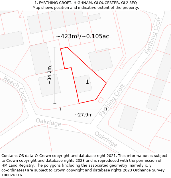 1, FARTHING CROFT, HIGHNAM, GLOUCESTER, GL2 8EQ: Plot and title map