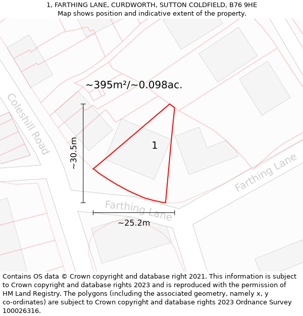 1, FARTHING LANE, CURDWORTH, SUTTON COLDFIELD, B76 9HE: Plot and title map