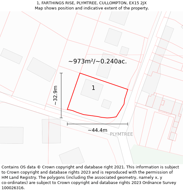 1, FARTHINGS RISE, PLYMTREE, CULLOMPTON, EX15 2JX: Plot and title map