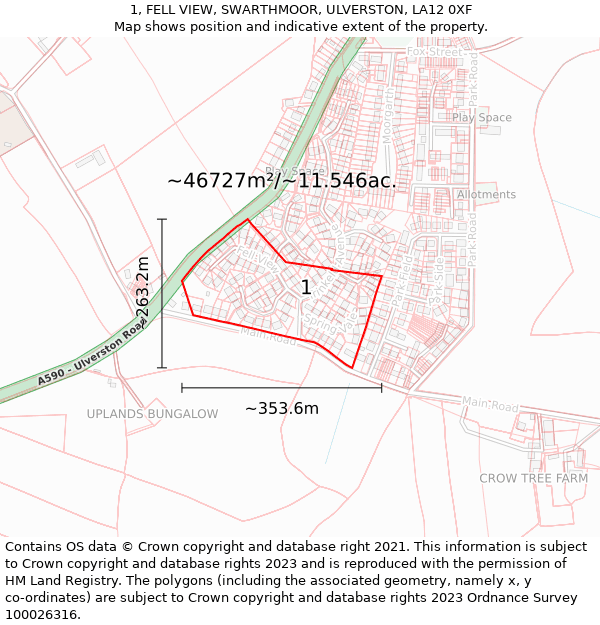 1, FELL VIEW, SWARTHMOOR, ULVERSTON, LA12 0XF: Plot and title map