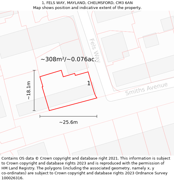 1, FELS WAY, MAYLAND, CHELMSFORD, CM3 6AN: Plot and title map