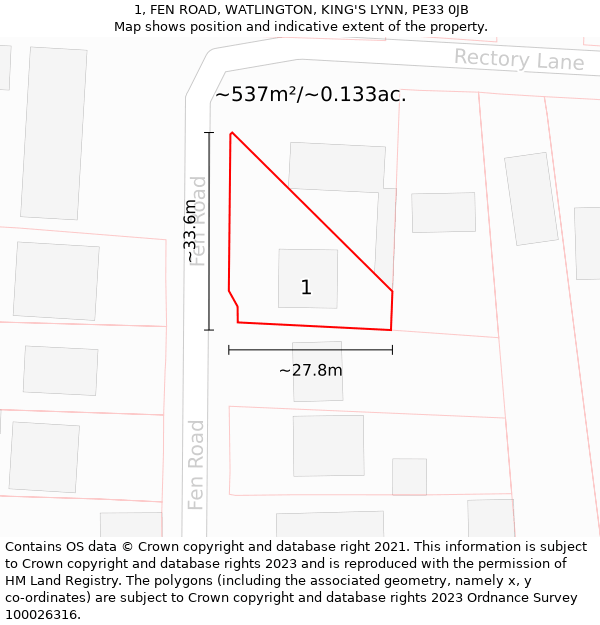 1, FEN ROAD, WATLINGTON, KING'S LYNN, PE33 0JB: Plot and title map