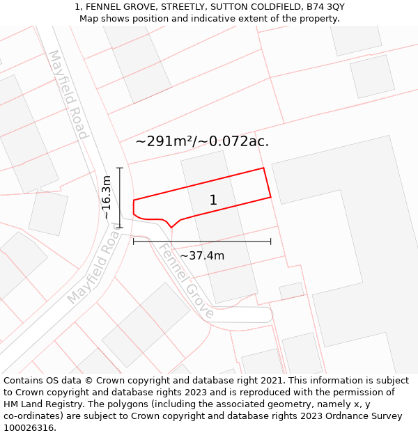 1, FENNEL GROVE, STREETLY, SUTTON COLDFIELD, B74 3QY: Plot and title map