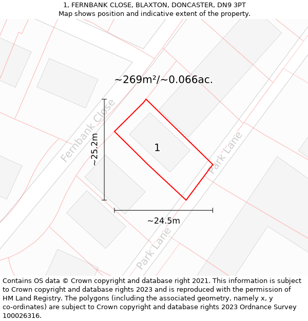 1, FERNBANK CLOSE, BLAXTON, DONCASTER, DN9 3PT: Plot and title map