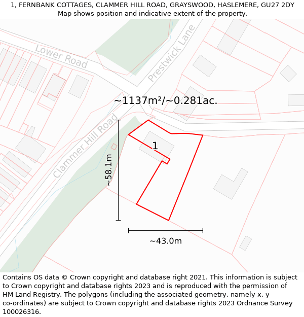 1, FERNBANK COTTAGES, CLAMMER HILL ROAD, GRAYSWOOD, HASLEMERE, GU27 2DY: Plot and title map