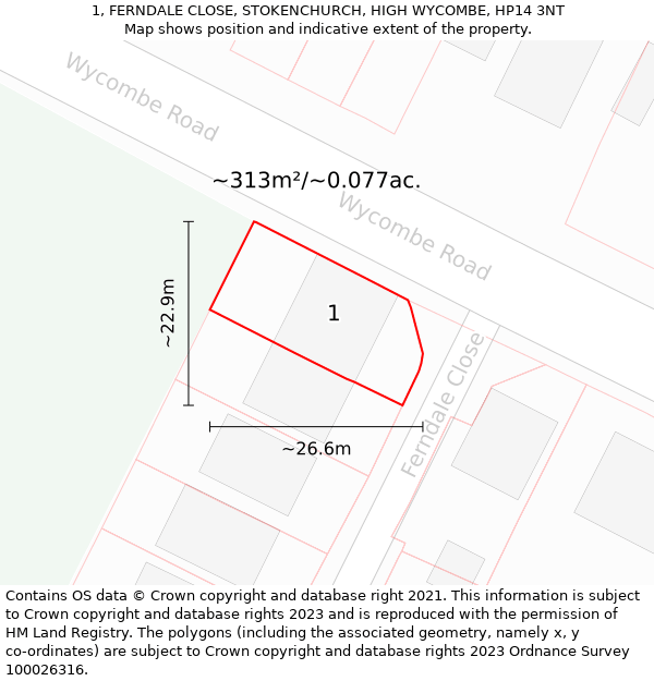1, FERNDALE CLOSE, STOKENCHURCH, HIGH WYCOMBE, HP14 3NT: Plot and title map