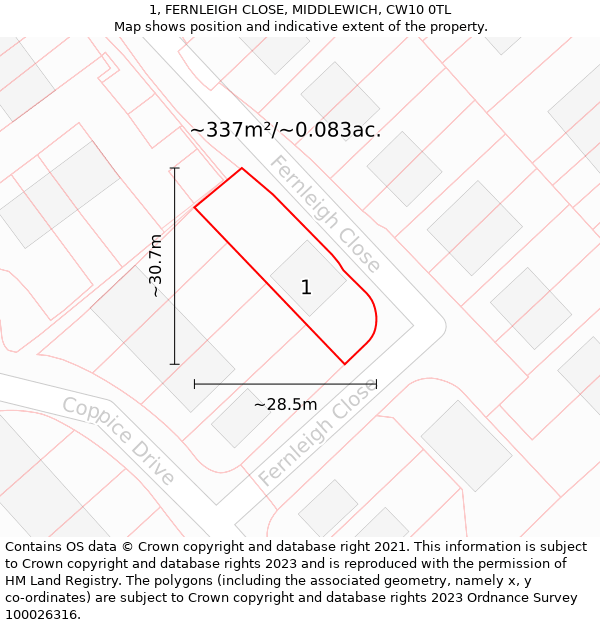 1, FERNLEIGH CLOSE, MIDDLEWICH, CW10 0TL: Plot and title map