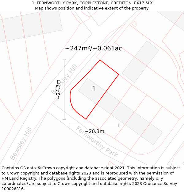 1, FERNWORTHY PARK, COPPLESTONE, CREDITON, EX17 5LX: Plot and title map