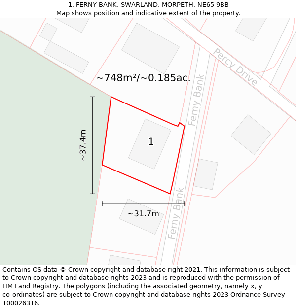 1, FERNY BANK, SWARLAND, MORPETH, NE65 9BB: Plot and title map