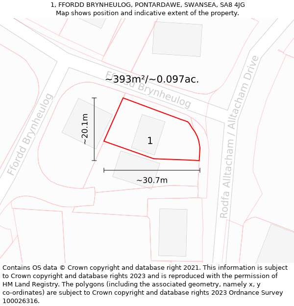 1, FFORDD BRYNHEULOG, PONTARDAWE, SWANSEA, SA8 4JG: Plot and title map