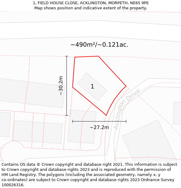 1, FIELD HOUSE CLOSE, ACKLINGTON, MORPETH, NE65 9PE: Plot and title map