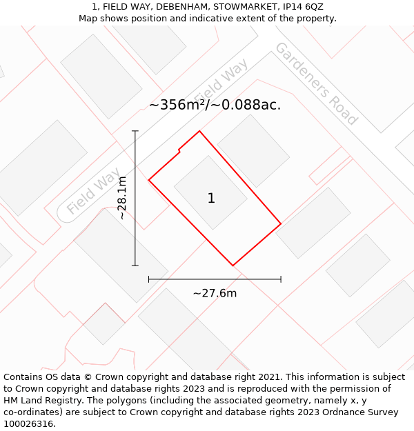 1, FIELD WAY, DEBENHAM, STOWMARKET, IP14 6QZ: Plot and title map