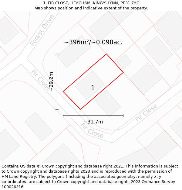 1, FIR CLOSE, HEACHAM, KING'S LYNN, PE31 7AG: Plot and title map