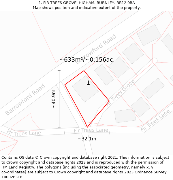 1, FIR TREES GROVE, HIGHAM, BURNLEY, BB12 9BA: Plot and title map