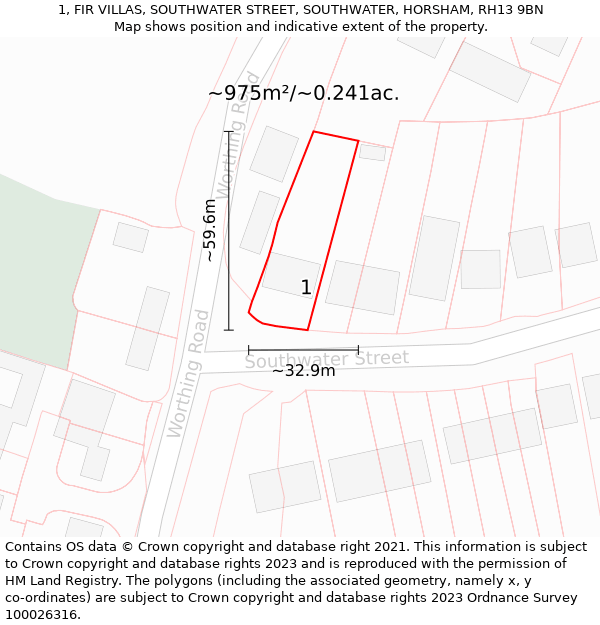 1, FIR VILLAS, SOUTHWATER STREET, SOUTHWATER, HORSHAM, RH13 9BN: Plot and title map