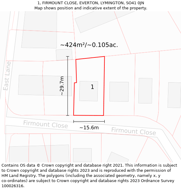 1, FIRMOUNT CLOSE, EVERTON, LYMINGTON, SO41 0JN: Plot and title map