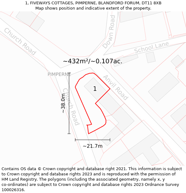 1, FIVEWAYS COTTAGES, PIMPERNE, BLANDFORD FORUM, DT11 8XB: Plot and title map