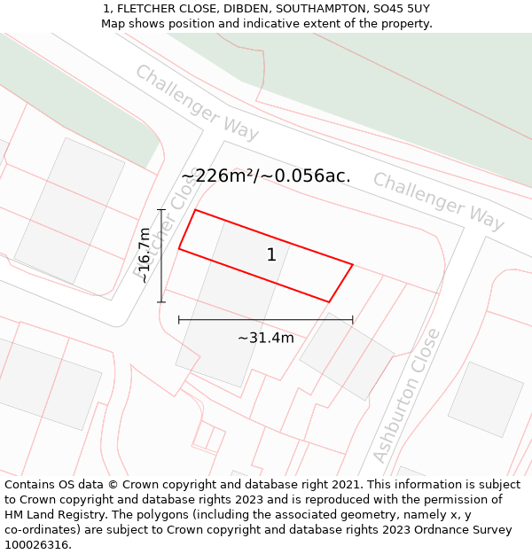 1, FLETCHER CLOSE, DIBDEN, SOUTHAMPTON, SO45 5UY: Plot and title map