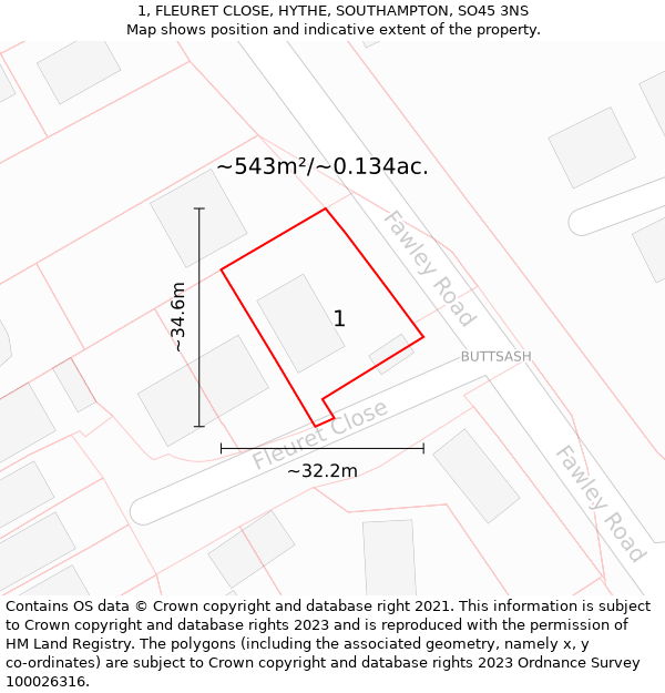 1, FLEURET CLOSE, HYTHE, SOUTHAMPTON, SO45 3NS: Plot and title map