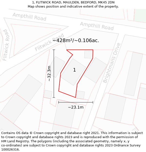 1, FLITWICK ROAD, MAULDEN, BEDFORD, MK45 2DN: Plot and title map