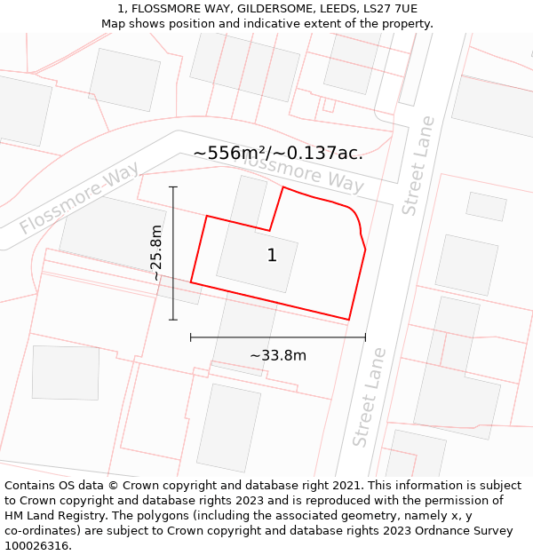 1, FLOSSMORE WAY, GILDERSOME, LEEDS, LS27 7UE: Plot and title map