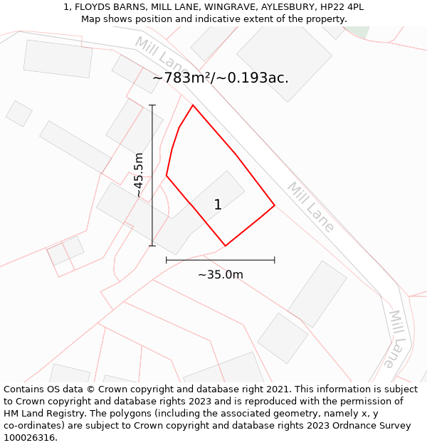 1, FLOYDS BARNS, MILL LANE, WINGRAVE, AYLESBURY, HP22 4PL: Plot and title map