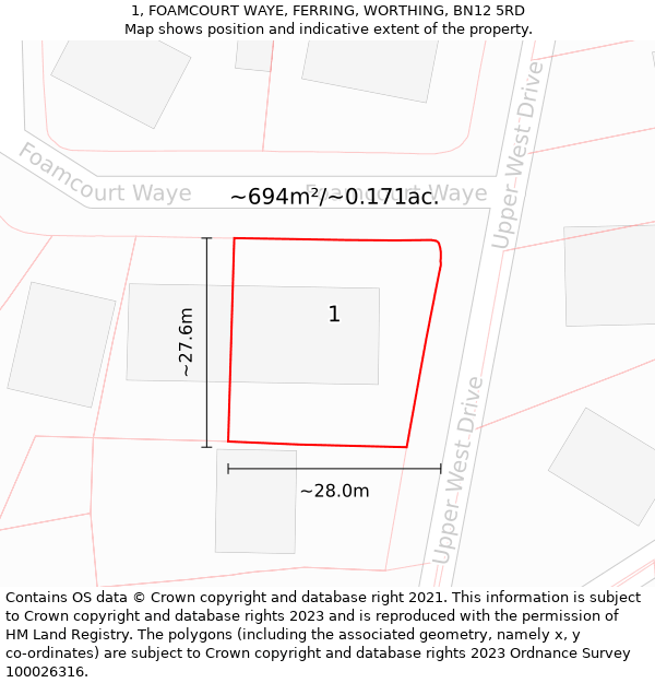 1, FOAMCOURT WAYE, FERRING, WORTHING, BN12 5RD: Plot and title map