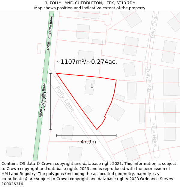 1, FOLLY LANE, CHEDDLETON, LEEK, ST13 7DA: Plot and title map