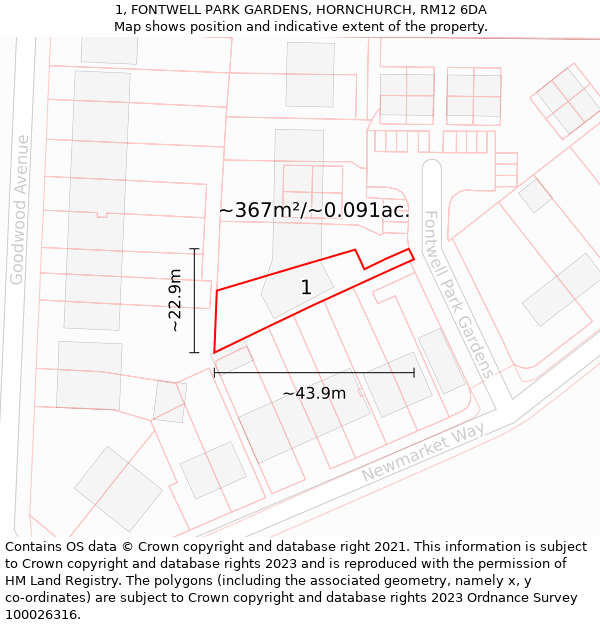 1, FONTWELL PARK GARDENS, HORNCHURCH, RM12 6DA: Plot and title map