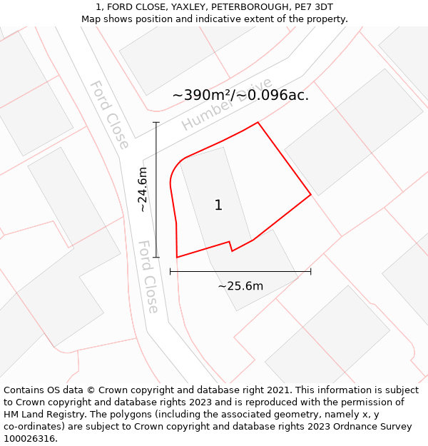 1, FORD CLOSE, YAXLEY, PETERBOROUGH, PE7 3DT: Plot and title map