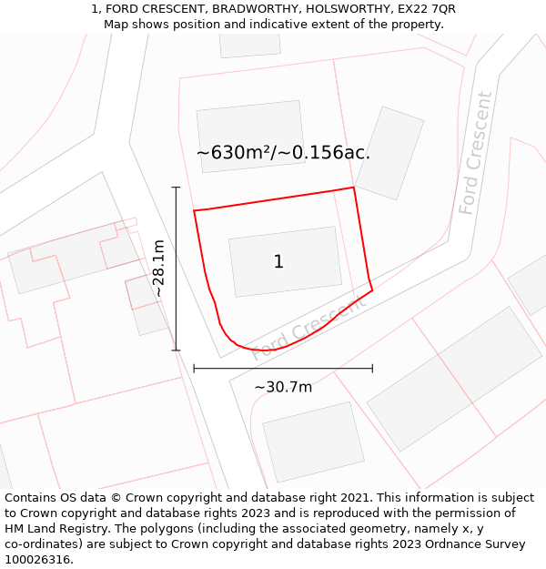 1, FORD CRESCENT, BRADWORTHY, HOLSWORTHY, EX22 7QR: Plot and title map