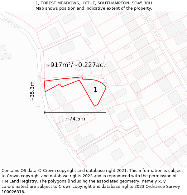 1, FOREST MEADOWS, HYTHE, SOUTHAMPTON, SO45 3RH: Plot and title map