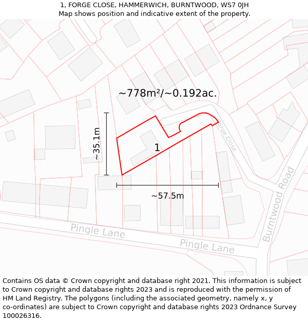 1, FORGE CLOSE, HAMMERWICH, BURNTWOOD, WS7 0JH: Plot and title map