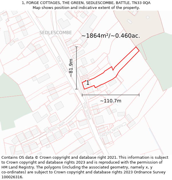 1, FORGE COTTAGES, THE GREEN, SEDLESCOMBE, BATTLE, TN33 0QA: Plot and title map