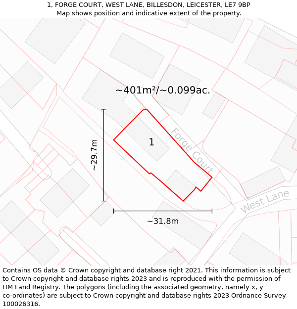 1, FORGE COURT, WEST LANE, BILLESDON, LEICESTER, LE7 9BP: Plot and title map