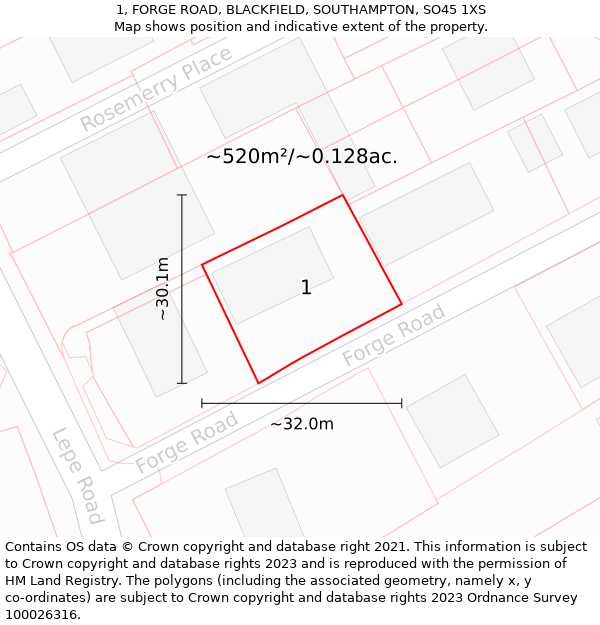 1, FORGE ROAD, BLACKFIELD, SOUTHAMPTON, SO45 1XS: Plot and title map