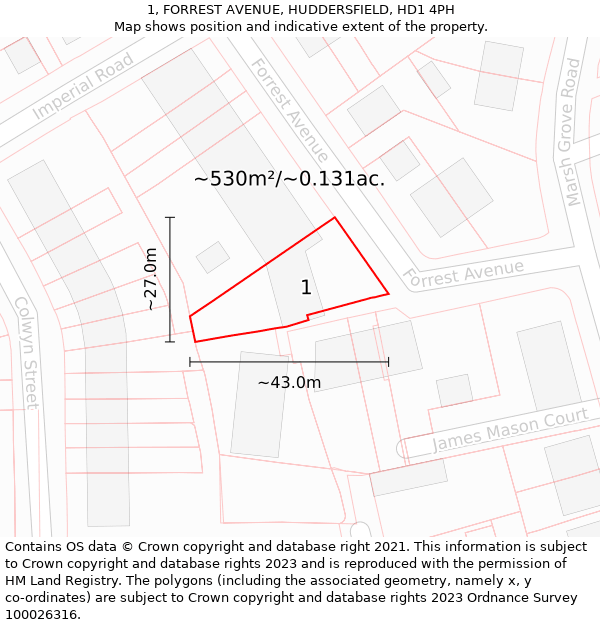 1, FORREST AVENUE, HUDDERSFIELD, HD1 4PH: Plot and title map