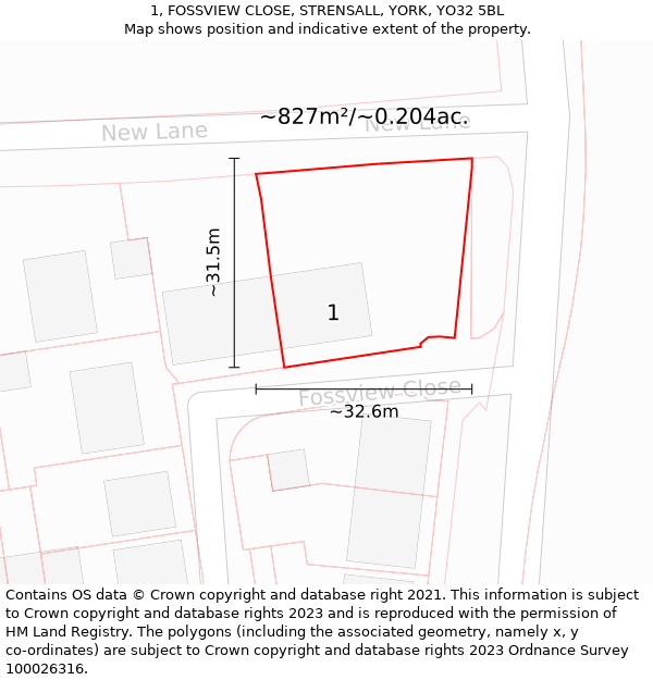 1, FOSSVIEW CLOSE, STRENSALL, YORK, YO32 5BL: Plot and title map